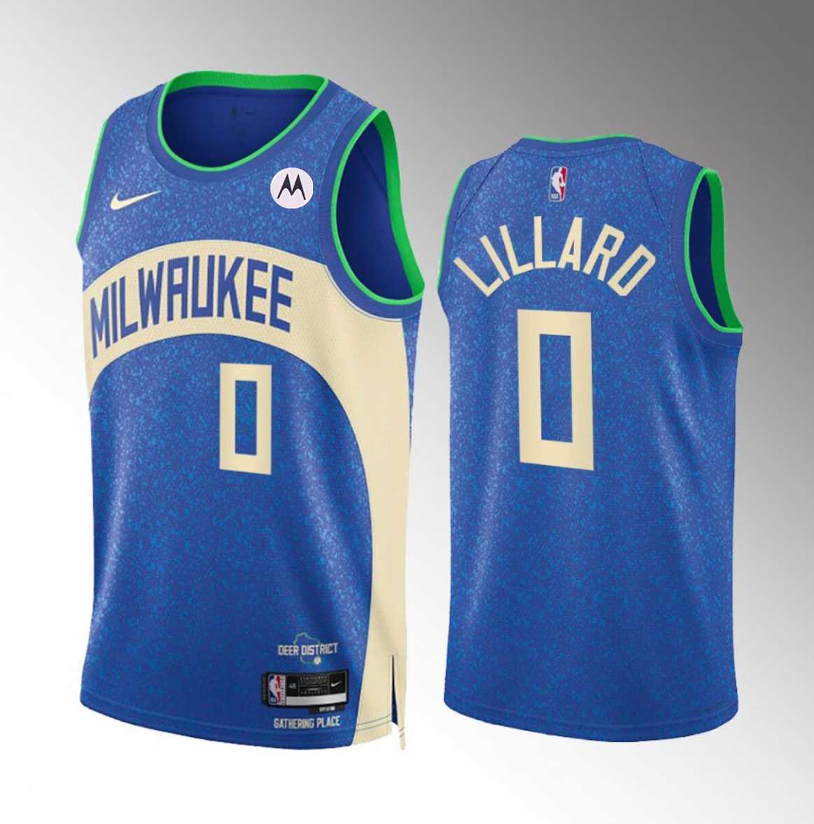 Mens Milwaukee Bucks #0 Damian Lillard Blue 2023-24 City Edition Stitched Basketball Jersey Dzhi->milwaukee bucks->NBA Jersey